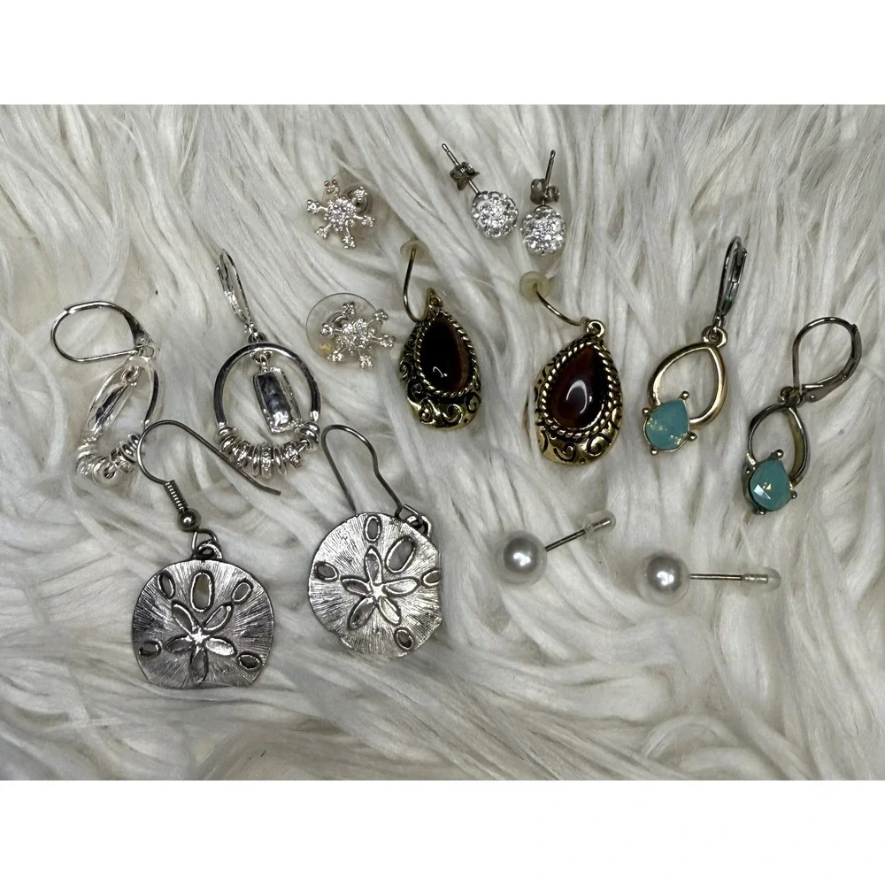 Mixed Fashion Earring Lot 7 Pairs Sand Dollar Pearl Snowflake Crystal Drops
